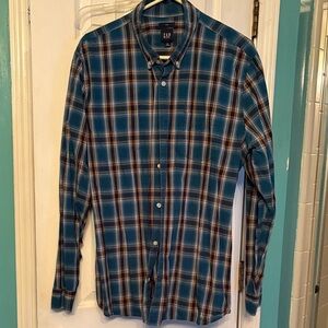 GAP Men's Teal and Brown Plaid Button Down Shirt